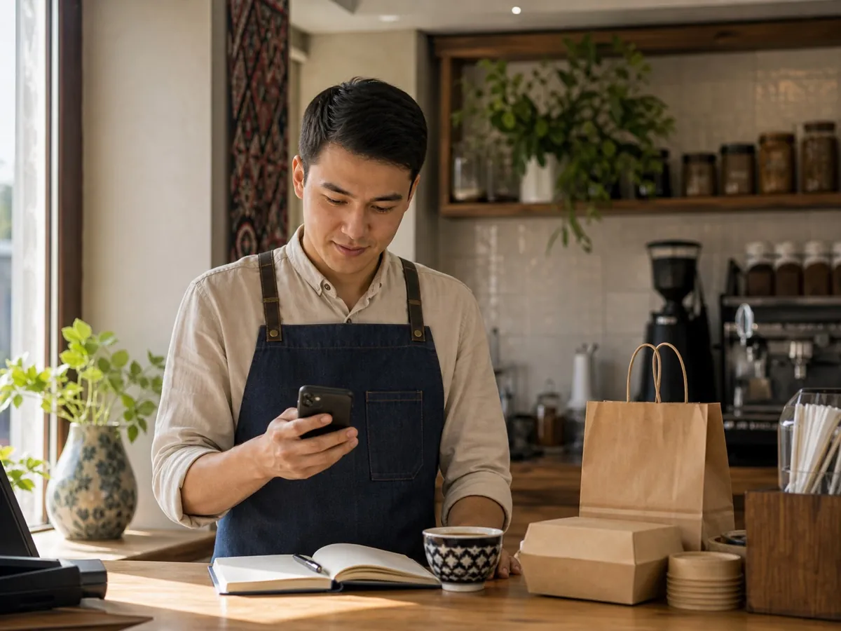 Café owner managing customer messages